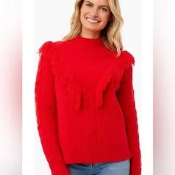 Tuckernuck Women’s Fringe Caswell Wool Blend Sweater Red XS Cable Knit Crewneck - Picture 2 of 8